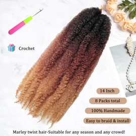 TUVOJALE Marley Twist Braiding Hair 14 inch Afro Kinky Curly Crochet Braids 8 Packs Cuban Twist Crochet Braids Synthetic Low Maintenance Skin-Friendly Marley Hair Extensions(1B/30/27, Packs of 8)