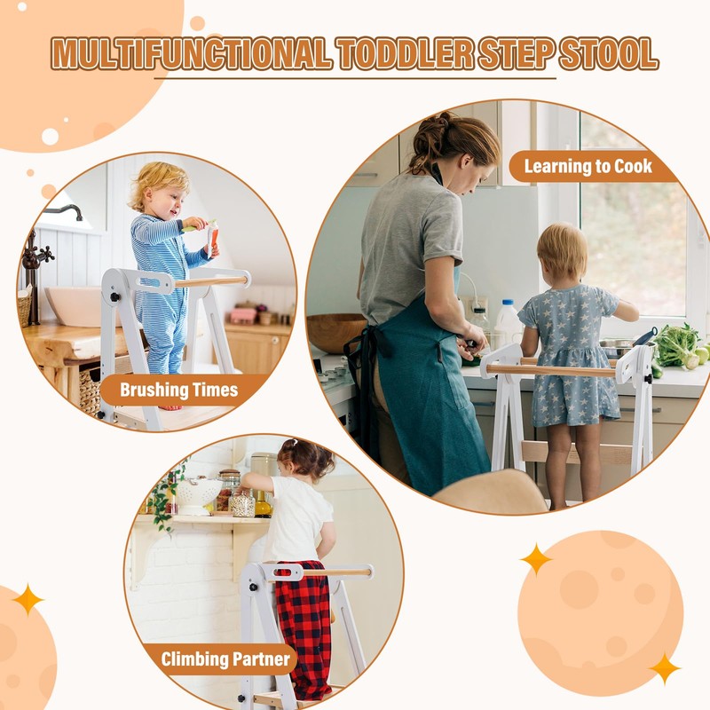 Gewitt Foldable Toddler Kitchen Stool Helper - Adjustable Height Toddler