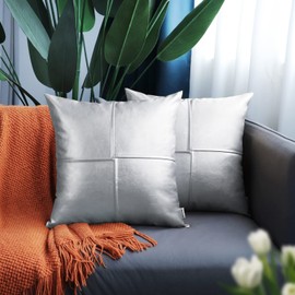 BRAWARM Faux Leather Throw Pillow Covers 20 X 20 Inches, Silver Leather Pillow Covers Pack of 2, Hand Stitched Leather Decorative Throw Pillows for Couch Sofa Bed Living Room Home Garden