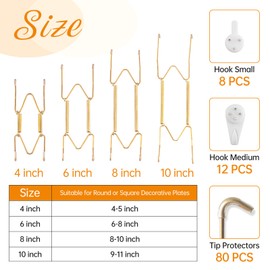 20 Pieces 4/6/8/10 Inch Stainless Steel Plate Hangers for The Wall, Invisible Heavy Duty Wire Plate Holder, Plate Hangers for Display with 20 Wall Hooks, Decorative Plates and Arts(Gold)