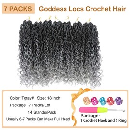 Goddess Locs Crochet Hair Silver Grey 18 Inch 7 Packs Faux Locs Crochet Hair Soft Crochet Locs Boho Faux Locs Crochet Hair Synthetic Hippie Locs Pre Looped Crochet Braids Curly Ends (18 Inch,1B/Gray)