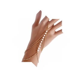 Wendalern Bracelet Hand Chain For Women Layered Pearl Finger Ring Bracelet Boho Slave Bracelet Hand Harness Chain Imitation Pearl Necklace Ring Bracelet Jewellery For Girls