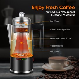 HOMOKUS Electric Coffee Percolator 12 CUPS Percolator Coffee Pot,800W Percolator Coffee Maker Stainless Steel with Clear Knob Cool-touch Handle,Coffee Pot Percolator Auto Keep Warm Function