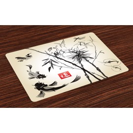 Lunarable Japanese Place Mats Set of 4, Japanese Traditional Garden Design Wildlife Forest Meditation Origami, Washable Fabric Placemats for Dining Room Kitchen Table Decor, White Black