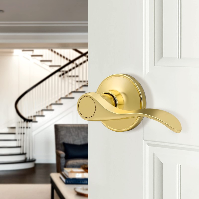 Gobrico Wave Door Levers Passage Door Locksets in Polished Brass