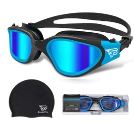 Polarized Swim Goggles with UV Protection and Swim Cap – Anti-Fog, No Leaks, Comfortable Fit for Adults and Teens,Swimming (BLACK BLUE- BLUE PLATING POLARIZED)
