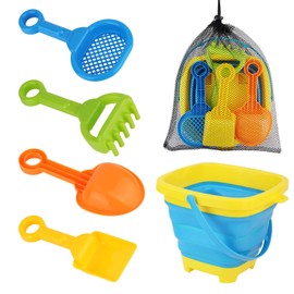 Gosknor 6 Stück Strandspielzeug Set, Zusammenklappbarer Eimer mit 4 Schaufeln Sandspielzeug für Kleinkinder für Jungen und Mädchen Spaß Strandparty Sommer Picknick Outdoor-Camping Angeln Aktivitäten
