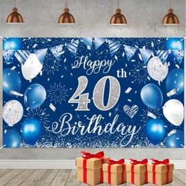 Iridsmole 40th Birthday Backdrop Banner, Blue Silver Happy 40th Birthday Banner, 40th Birthday Banner, 40th Birthday Decorations for Men Women Photo Backdrop Background 180 x 110cm