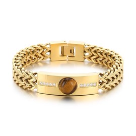Azubpi Men's Double Chain Stainless Steel Gold Bracelet with Tiger Eye Stone, Hip hop Diamond Jewelry for Men Cool Gifts for Him