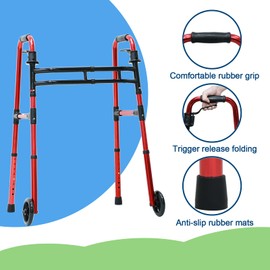 Loyoda Folding Walkers for Seniors Lightweight Walker with 5'' Front Wheel Height and Width Adjustable Aluminum Standard Walker for Elderly Handicap (Red)