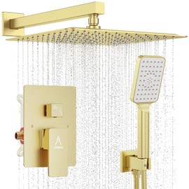 JQBQS Shower System Modern Rain Brass Faucet Set With Valve and Diverter Shower Mixer With Handheld High Pressure Square Rainfall Shower Valve (12'' Wall Mount, Brushed Gold)