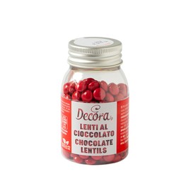 Decora, 2081189 Confezione da 80 g Mini Lenti Cioccolato A Latte Rosso Dim. ⌀ 10 mm, Pronte all’uso, Da cospargere direttamente su torte, Con il 60% di cioccolato al latte, Made in Italy