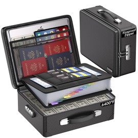 DocSafe 6400°F Fireproof Document Box with Lock,Heat Insulated Fireproof Water Resistant 10 Layers Hard Case Safe Box with Zipper＆Multi Pockets,Protects Personal Items,Documents,Laptop,Passport,Black