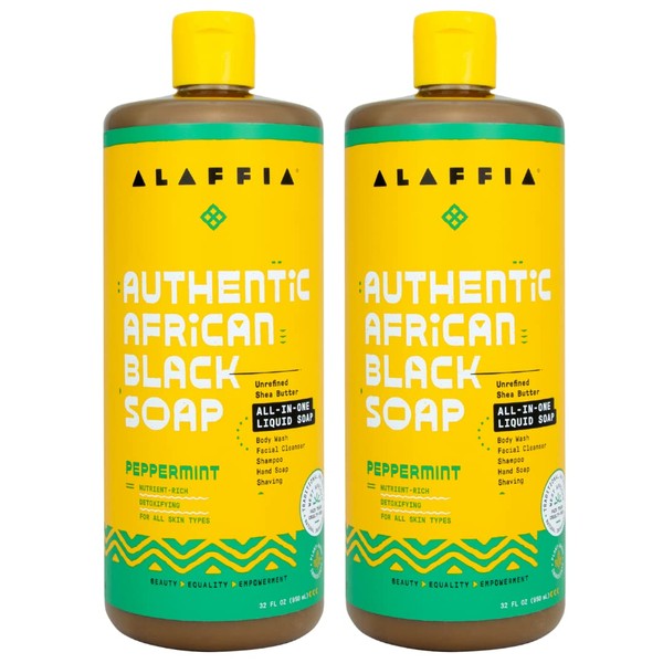 Alaffia Skin Care, Authentic African Black Soap, All in One Liquid Soap, Moisturizing Face Wash, Sensitive Skin Body Wash, Shampoo, Shaving Soap, Shea Butter, Peppermint (2 Pack-32 Fl Oz Ea)