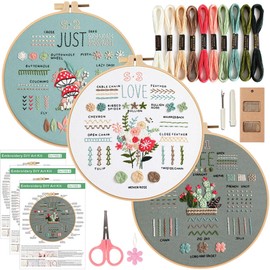 Ohcol 3 Sets Embroidery Kit for Beginners Adults,Easy to Learn 33 Different Stitches DIY Kits,Needlepoint Kits for Adult Hand Crafts Includes Stamped Flower Pattern,Instruction,Hoop,Threads,Tools