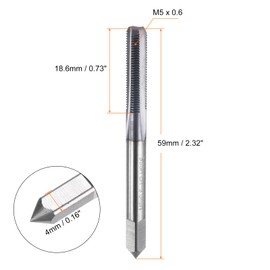 sourcing map M5 x 0.6 Metric Thread Tap 6542 Cobalt High-Speed Steel TiCN Coated Plug Tap Right Hand 3 Straight Flutes Screw Threading Hand Tap