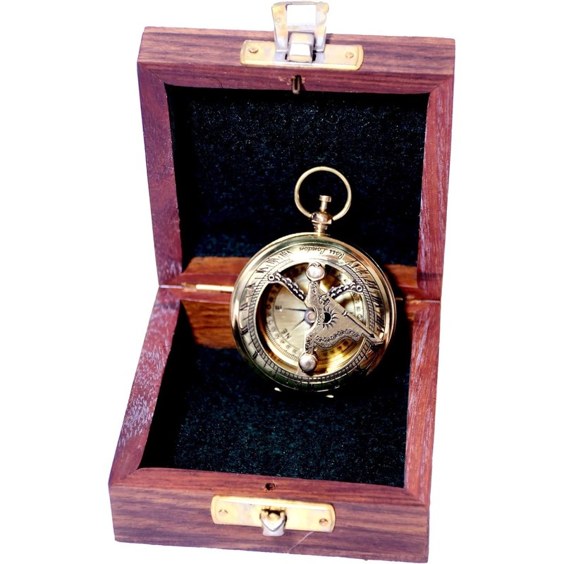 Shiny brass Handmade Push Open Sundial Compass With Rose Wood