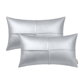 BRAWARM Faux Leather Throw Pillow Covers 12 X 20 Inches, Silver Leather Lumbar Pillow Covers Pack of 2, Hand Stitched Leather Decorative Throw Pillows for Couch Sofa Bed Living Room Home Garden