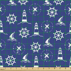 ABAKUHAUS Lighthouse Fabric Sold by the Metre, Maritime Silhouettes, Beautifully Woven Fabric for Upholstery and Home Accessories, 1 m (148 x 100 cm), Purple Blue White