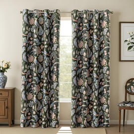 MYSKY HOME Green Boho Floral Blackout Living Room Curtains 84 inch Long Thermal Insulated Room Darkening Noise Reduce Cottage Curtains with Flower Bird Patterned Grommet Drapes, 2 Pcs, 52" Wide,
