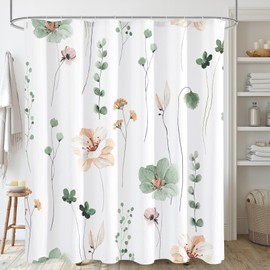 Gibelle Long Shower Curtain 72 x 78, Watercolor Floral Fabric Shower Curtain, Sage Green Beige Flower Decorative Bathroom Shower Curtain Set
