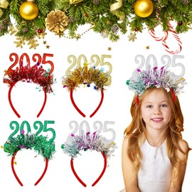 4Pieces 2025 New Year Headbands Glitter Tinsel Hairbands New Year Head Bopper Fashion Headdress Party Hair Accessories for Holiday Christmas 2025 New Year Eve Carnival Party Birthday Wedding Daily Use