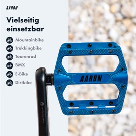 Aaron Rock MTB Aluminium Pedals with Sealed Cartridge Ball Bearings, Non-Slip with Interchangeable Pins, Platform Bicycle Pedals for E-Bike, BMX, Trekking, Blue