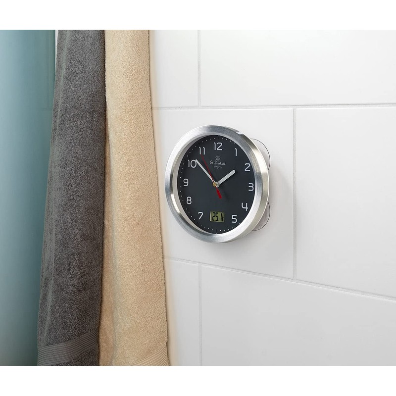 St. Leonhard Bathroom Clock: Bathroom Wall Clock with LCD Thermometer,