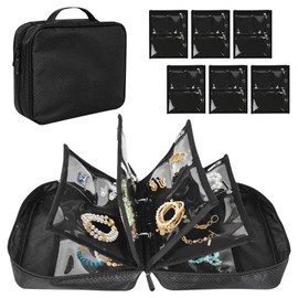 Yiomxhi Travel Jewellery Box, Jewellery Storage Bag with 6 Velvet Bags, Jewellery Organiser Travel Case for Earrings, Necklaces, Bracelets, Jewellery Box for Women and Girls, Black