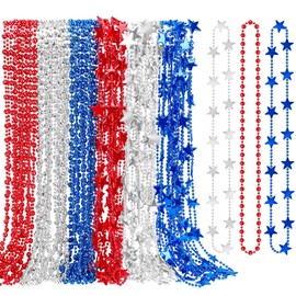 EOBOH Independence Day Necklace Accessories, 48PCS 4th of July Beads Necklaces Bulk, 6 Kinds Fourth of July Red Blue White Stars Round Bead Necklace, Patriotic Bulk for Parade Party Favors Decor