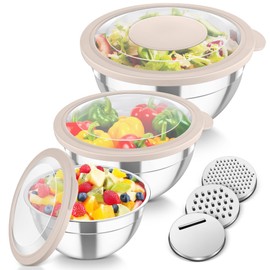 TeamFar Mixing Bowls, 3PCS Stainless Steel Serving Salad Bowls with Lids & 3 Graters, For Kitchen Mixing/Baking/Storing/Prepping, Visible & Airtight, Easy Clean - 4.5/3 / 1.5 QT, Khaki