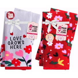 VOOVA & MOVAS - Juego de 4 toallas de mano de cocina de verano, 100 % algodón suave, juego de toallas decorativas para la cara con diseño floral rosa y gris, paquete de regalo con amor
