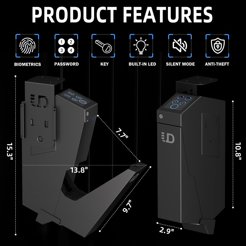 Urban Deco Biometric Handgun Gun Safe for Nightstand, Desk, Bed