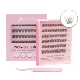 Self Adhesive Press On Eyelashes | Double Pre Glued Strips, 24 hours Hold| No Glue Needed, No Remover, Reusable & Waterproof | 60pcs Natural Lash Clusters | DIY Eyelash Extensions (Style Glam)