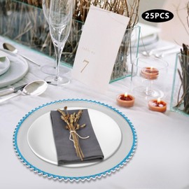 RENFANSHOP 25 Pcs Clear Charger Plates Set with Beaded Rim - Elegant Plastic Round Dinner Plates for Weddings, Parties, and Home Decor - 12.6 Inch Decorative Table Chargers (Blue)