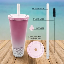 Bumbler 24oz Large Reusable Portable Eco-Friendly Tumbler | Drinking Cup with Wide Soft Tip Straw, Aesthetic Leak-Proof Lid – for Boba Tea, Smoothies, Iced Coffee, Hot or Cold Drinks – Blush Pink