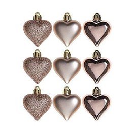 Toyland Pack Of 9-5cm Rose Gold Heart Baubles - Shiny Matte & Glitter Design - Christmas Tree Trims