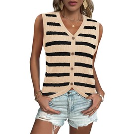LOOKBOHO Womens Cable Knit Sweater Vest Trendy Striped Crochet Tank Top Sleeveless Button Down V Neck Shirts Khaki&Black L