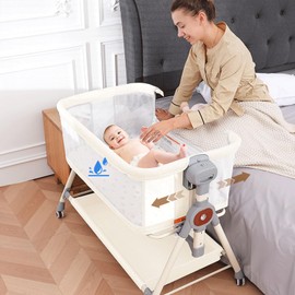 Hichangto Baby Bassinet,Rocking Bassinet with Waterproof Sheet,3 in 1 Baby Bassinets Bedside Sleeper,6 Height Adjustable Bedside Bassinet for Newborn(Beige)