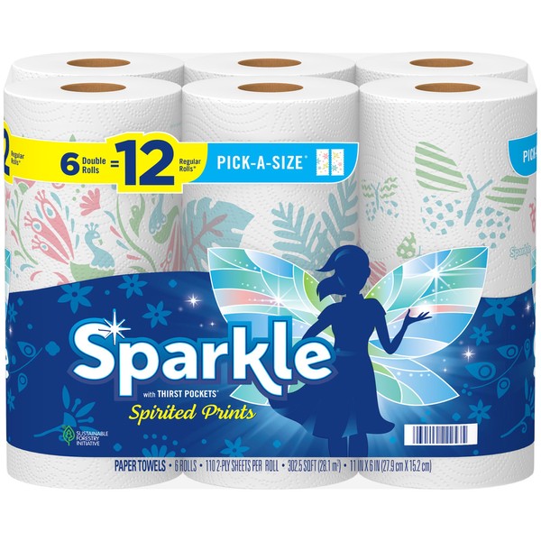 Sparkle Pick-A-Size Paper Towels, Spirited Prints, 6 Double Rolls =