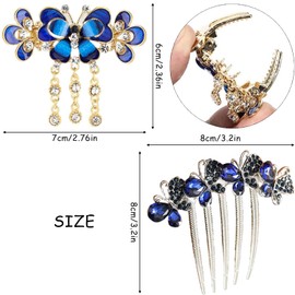 2Pcs Blue Butterfly Hair Comb Clips, Rhinestone Bridal Hair Comb Butterfly Tassel Hair Claw Clips Wedding Hair Accessories for Women Girls