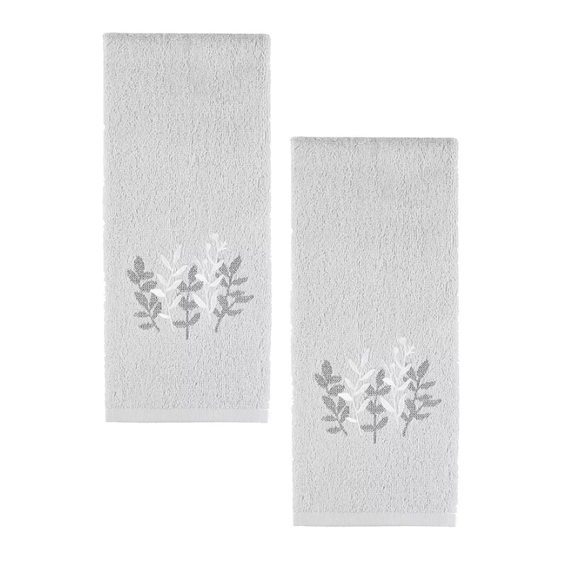 Bath Hand Towels, Set of 2 Grey Velour with Embroidered