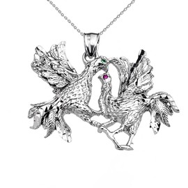 Claddagh Gold Animal Kingdom Sterling Silver Red and Green CZ Fighting Roosters Pendant Necklace, 18"