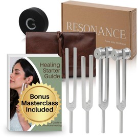 Resonance Tuning Forks for Healing Set - 128Hz, 136.1Hz, 256Hz, 384Hz Weighted & Unweighted Tuning Fork Set Includes Hockey Puck Activator - Chakra Sound Therapy Instruments in a Vegan Leather Pouch