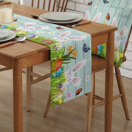 Easter Table Runner 36 inches Long Eggs Rabbit Teal Wood for Table Decoration Coffee Table Runner for Kitchen/Dining Runners for Party Home Decor 13x36in