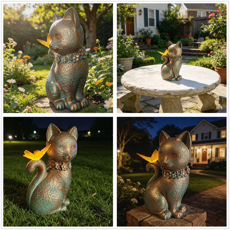 Cat Statues for Outside Garden Decor with Butterfly Solar Lights