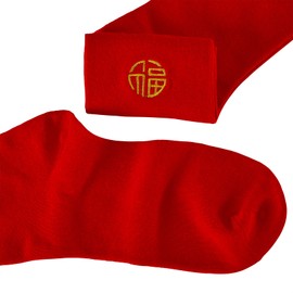 AMZZTCQ Men's round neck sports casual comfortable calf socks, size6-10,5 pairs of red embroidery 福(Fu)