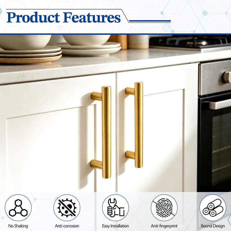 Qimoo 4 Pack Brushed Gold Cabinet Handles, 3-3/4 in Hole