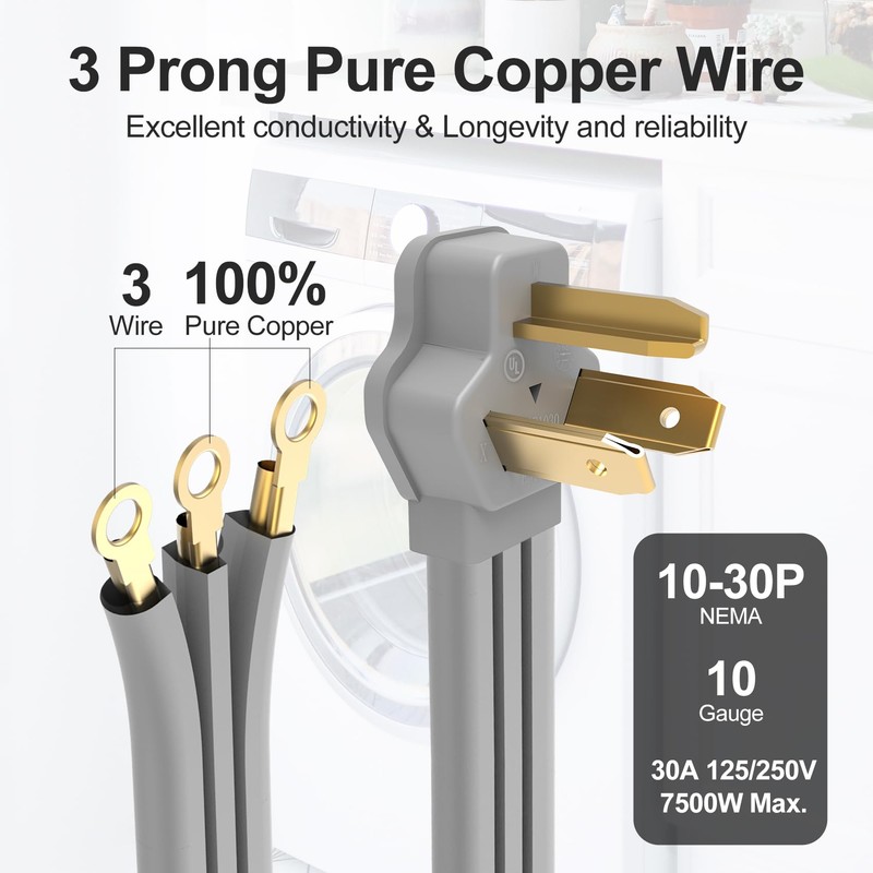 TOPDC 3 Prong Dryer Cord, 30 AMP Appliance Power Cord