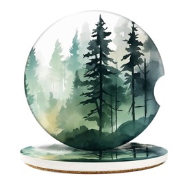 Britimes 2 Pack Car Coaster, Absorbent Ceramic Stone Cork Base Drink Coasters 2.6 Inch, Painting Tree Mountain Auto Accessories Cup Holders for Women & Men Car Decor